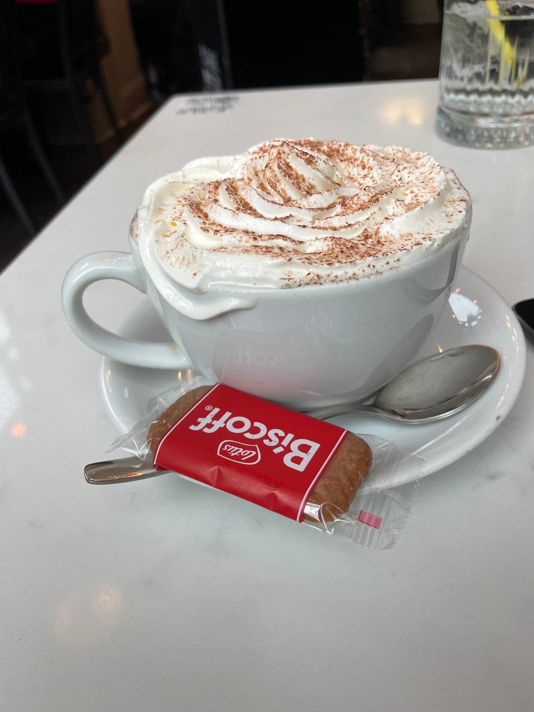  A cup of hot chocolate topped with whipped cream and dusted with cocoa powder, served with a Lotus Biscoff biscuit on a saucer.